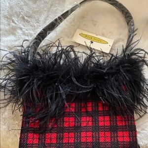 Feather-Trim Red Plaid Shoulder Bag by Bolsa King